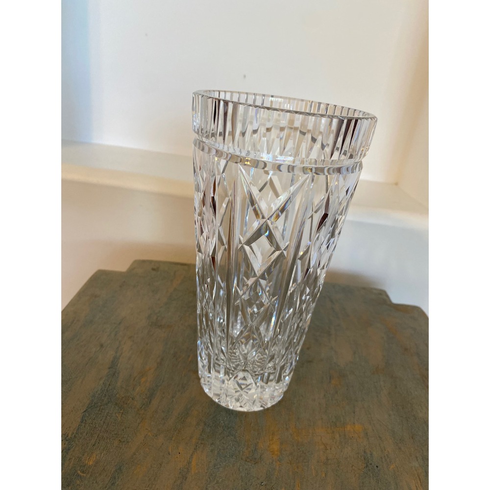 Vintage Cut Crystal Vase 9" Starburst Diamond Fan Heavy Clear Glass Centerpiece